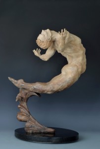 INTO THE UNKNOWN; bronze; edition of 25; sculpture: 27"H x 19"W x 23"D An image of a male casting his fate to the wind. He is seen hurdling forward into the unknown with a sense of abandon. A leap of faith into the uncertainty of what awaits.